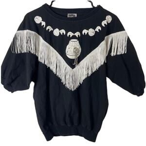 Southwestern Top Womens Medium Fringe Boho Black Shirt Cowgirl Crewneck Blouse